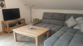 Wohnzimmer in der Ferienwohnung Waldblick mit TV und Couch